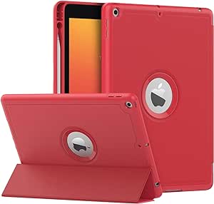 MoKo Case for iPad 9th Generation 2021 / iPad 8th Generation 2020 / iPad 7th Generation 2019 with Pen Holder, iPad 10.2 Case with Soft TPU Back Stand Cover, Auto Wake/Sleep, Red