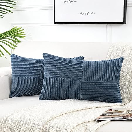 Fancy Homi 2 Packs Dusty Blue Lumbar Decorative Throw Pillow Covers 12x20 Inch for Couch Bed Sofa, Rustic Farmhouse Boho Home Decor, Soft Striped Corduroy Rectangle Accent Cushion Case 30x50 cm