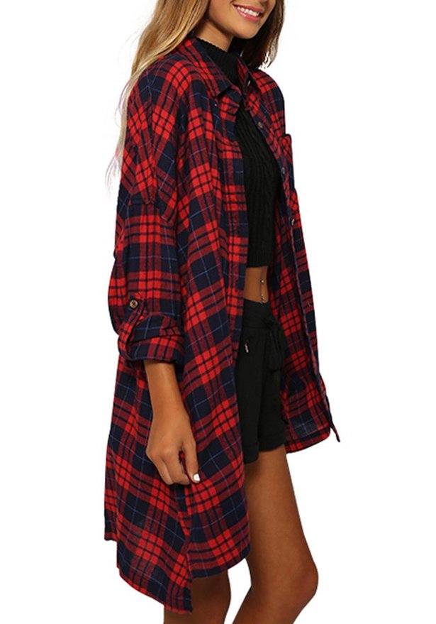 Women's Scottish Roll Up Sleeve Red Plaid Shirt Blouse Check Top