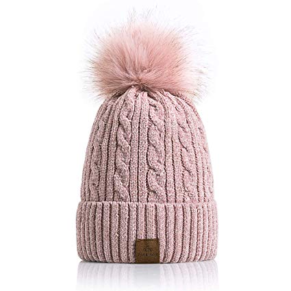 PAGE ONE Women Winter Pom Pom Beanie Hats Warm Fleece Lined,Chunky Trendy Cute Chenille Knit Twist Cap