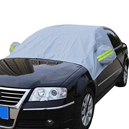 Windshield Snow Cover Car Protection Sun Shade Dust Ice Frost Wind Proof Wipers Protector with Bungee Straps Hooks & Reflective Warning Bar on Mirror & Storage Pouch Universal for SUV Most Vehicles
