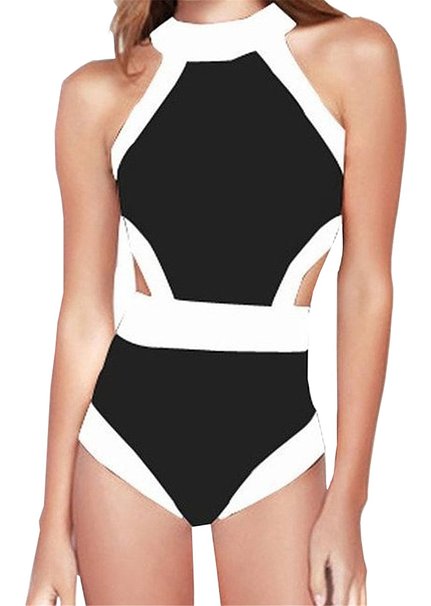 Surenow Women's One Piece High Neck Cut Out Bikini Bathing Suits Retro Swimwear