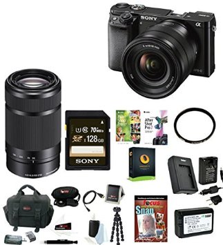 Sony Alpha a6000 24.3 Megapixel Mirrorless Interchangeable Lens Digital Camera with 16-50mm Lens (Black)   Sony E 55-210mm F4.5-6.3 Lens   Sony 128GB SDXC Memory Card   Deluxe Accessory Bundle