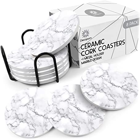 Coasters for Drinks Ceramic Cork Set - 8 Pcs Absorbent Gray Wave Marble Design Coasters with Metal Holder for Cups Mugs Coffee Wine Wooden Glass Tabletop Protection Bar Table House Warming Gift Home