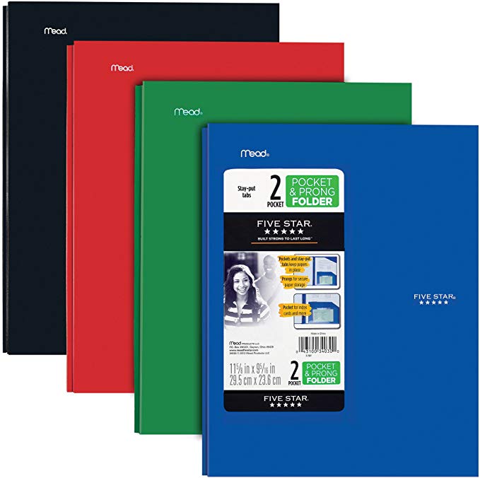 Five Star 2 Pocket Folders with Prong Fasteners, Stay-Put Folder, Folders with Pockets, Plastic, Black, Red, Green, Blue, 4 Pack (38064)