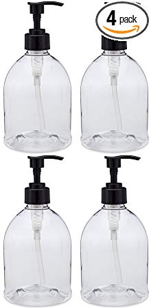 Earth's Essentials (4 Pack with Patented Screw-On Funnel) Versatile 16 Ounce Refillable Designer Pump Bottles. Excellent Liquid Hand Soap, Homemade Lotion, Shampoo and Massage Oil Dispensers.