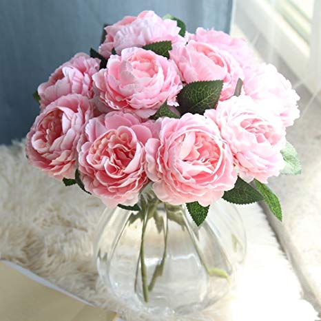 kirin Fake Flowers,Artificial Flowers Plants Silk Plastic Rose Flower Arrangements Wedding Bouquets Decorations Floral Table Centerpieces for Home Kitchen Garden Party Décor 8pcs(Pink)