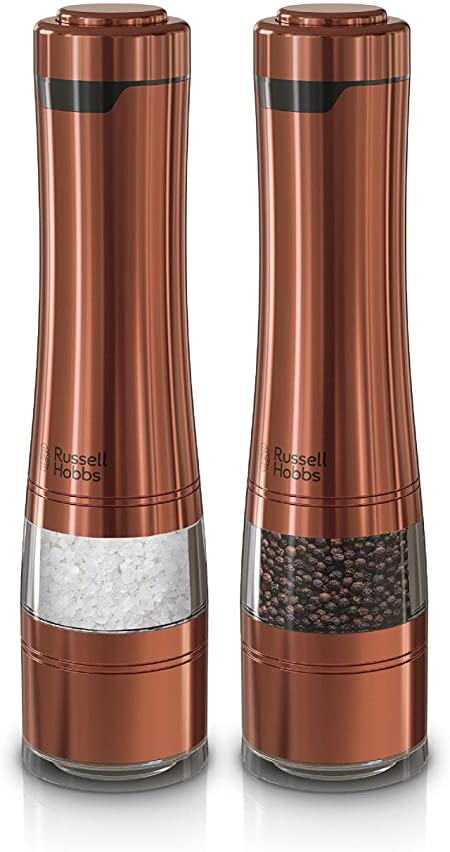 Russell Hobbs RHPK4100CPR Electric Salt & Pepper Mill Set with Adjustable Coarseness, Set of 2 Grinders, Copper