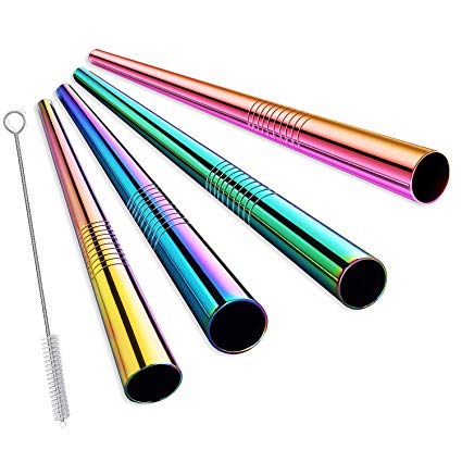 ALINK Extra Wide Reusable Rainbow Stainless Steel Boba Smoothie Straws, 12mm Jumbo Metal Bubble Tea/Milkshakes Straws, Pack of 4 with Cleaning Brush & Carrying Case