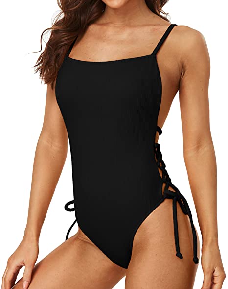 Sociala Womens Ribbed Tie Side One Piece Bathing Suits Padded Open Back Monokinis Swimsuits