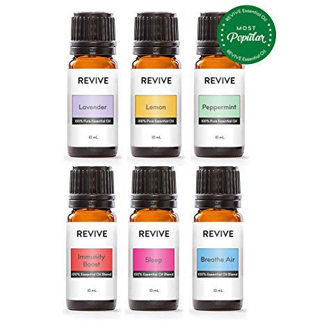 REVIVE Essential Oils Set For Diffuser, Humidifier, Massage, Aromatherapy, Skin & Hair Care - Basics Kit - Lavender, Lemon, Peppermint, Sleep, Immunity Boost & Breathe Air