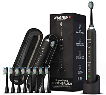 WAGNER Switzerland SuperSonic 48,000 VPM | Black Diamond Edition | Wireless Electric Toothbrush 5 Modes w Smart Timer | 8 DuPont bristles | Travel Case | 100% Dentist Recommended & Designed