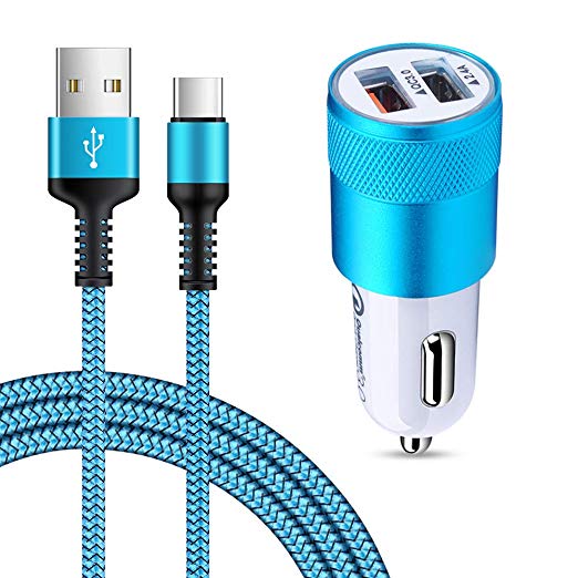 AILKIN Type C Car Charger, Quick Charge 3.0 2.4A Dual Port Fast USB Car Charger Adapter with 6FT Type C Cable for LG Stylo 4 G7 ThinQ, Samsung S9 S8 Note 9 8, Pixel 3 2 XL, Moto G6/Z3/X4, OnePlus 6T