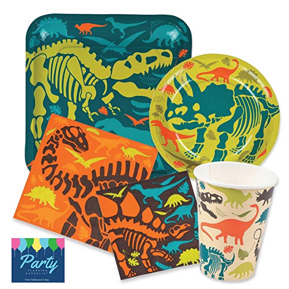 Dinosaur Birthday Party Supplies Pack for 16 people Includes: Large 9 Square Plates, dessert plates, lunch and beverage napkins and paper cups