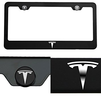 One T304 Stainless Steel Matte Black Powder Coated Laser Etched Engraved Chrome Tesla Logo with Aluminum Screw Cap