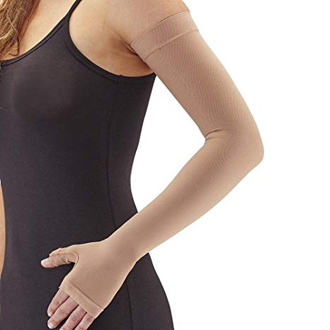 Ames Walker AW Style 707 Lymphedema Armsleeve w Gauntlet 20 30 mmHg Firm Compression, Sand Small Manage Edema Swelling Post Mastectomy Conditions Comfortable Fabric