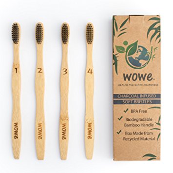 Wowe Organic Natural Bamboo Toothbrush - Charcoal Infused Individually Numbered, BPA Free Bristles, Pack of 4