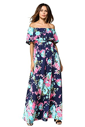 DUNEA Women's Boho Floral Print Off Shoulder Maxi Casual Dress with Short Sleeves