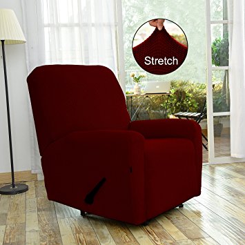 Stretch Recliner Slipcovers, Sofa Covers, 4Pieces Furniture Protector with Elastic Bottom,Straps, Couch Shield with Pocket, Polyester Spandex Jacquard Fabric Small Checks by Easy-Going (Recliner,Wine)