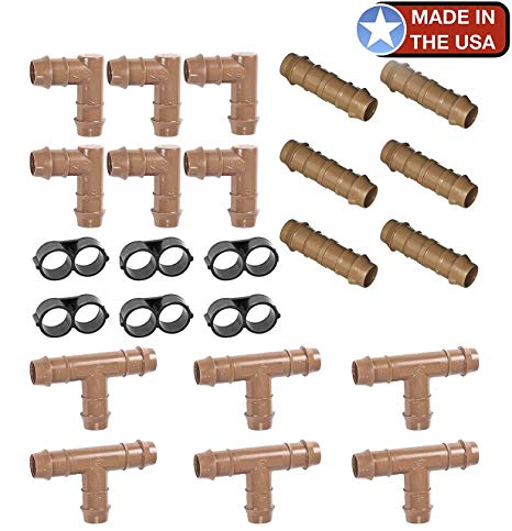 USA Made - Irrigation Fittings Kit for 1/2" Inch Tubing 24 Piece Set - 6 Tees, 6 Couplings, 6 Elbows & 6 End Cap Figure 8 Plugs - Barbed Connectors (Rain Bird 17mm .600 ID & Other Drip Systems)