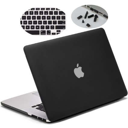 Matte Hard Case for 15-inch MacBook Pro Retina, LENTION Clear Plastic Hard Shell for Apple Mac Book Laptop, Matte Finish Case with Rubber Feet, Come with Anti-Dust Port Plugs & Keyboard Cover (Black)