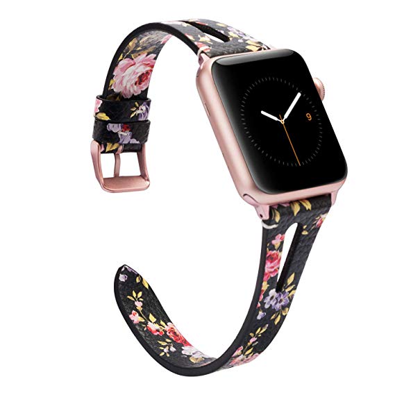 Wearlizer Pink Flower Leather Strap for Apple Watch Strap 38mm 40mm iWatch Womens Mens Special Triangle Hole Sport Straps Wristband Cool Replacement Bracelet (Metal Silver Buckle) Series 5 4 3 2 1