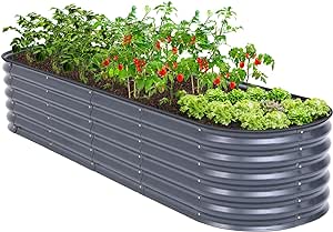 Ohuhu 9-in-1 Metal Raised Garden Bed, 8x2x1.5 FT Adjustable Galvanized Planter Box with Safety Edging, Outdoor Elevated Oval Gardening Planters Planting Boxes for Vegetable Flower Herbs