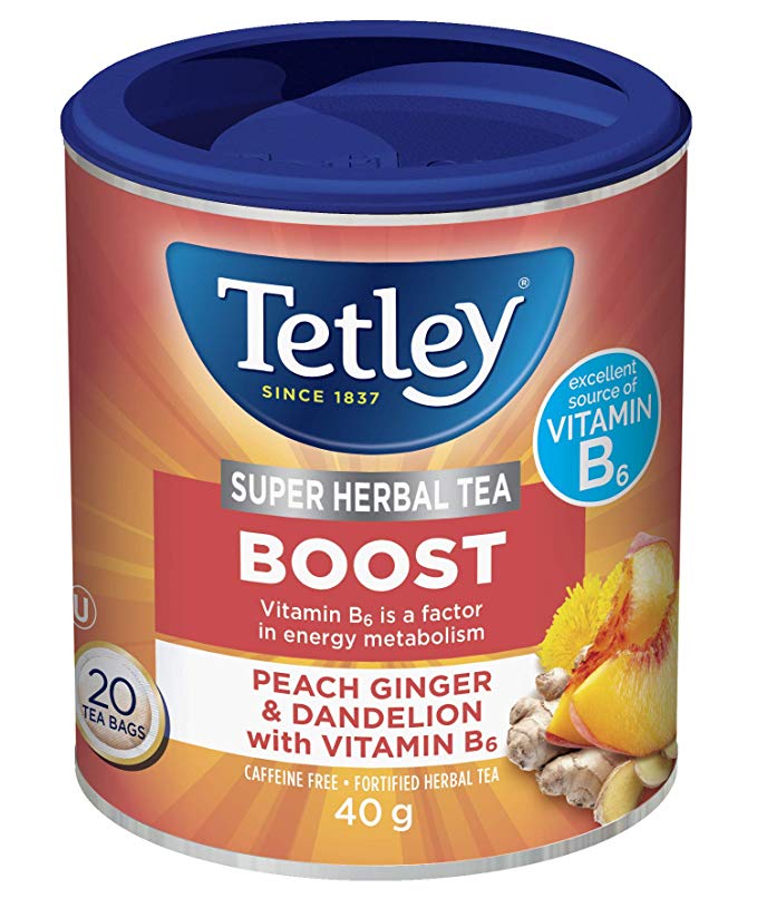 Tetley Super Herbal Tea Boost: Peach, Ginger,& Dandelion with Vitamin B6 - 20 Count