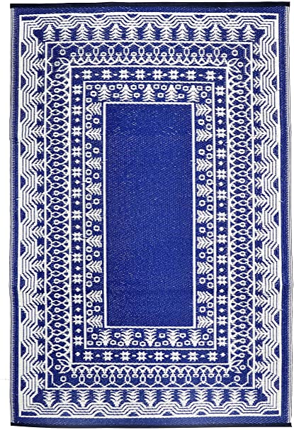 Green Decore Fresco Plastic Stain Proof Patio Outdoor Rug (Navy Blue White, 8x10)