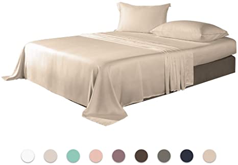 Whitney Home Textile Satin Quality Silky Soft 100% Bamboo-Derived Rayon Bed Sheet Set 4 Pieces (1 Deep Pocket Fitted Sheet, 1 Flat Sheet, 2 Pillowcases) Breathable Durable Solid Bedding King Size Tan