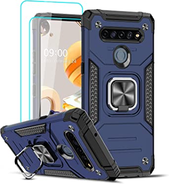 LeYi for LG K61 Case with 2 Pack Tempered Glass Screen Protector, Kickstand Stand Military Grade Protective Silicone Shockproof Tough Hard Mobile Phone Cover for LG K61 Blue