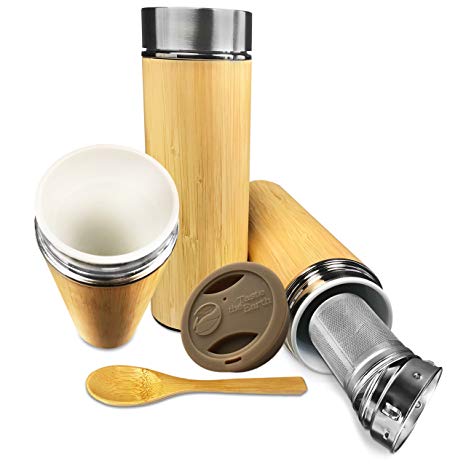 Bamboo Ceramic Tea Mug Tumbler - With Custom Silicone Travel Lid and Leak Proof Lid, Infuser, and Bamboo Spoon | 1 CUP / 10OZ Capacity | By Taste The Earth
