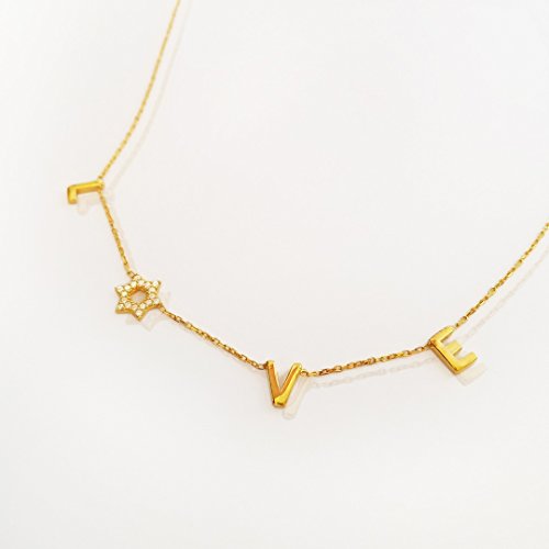 Jewish Star LOVE Necklace with Sparkling Star of David for Bat Mitzvah or Jewish Gift in Yellow Gold