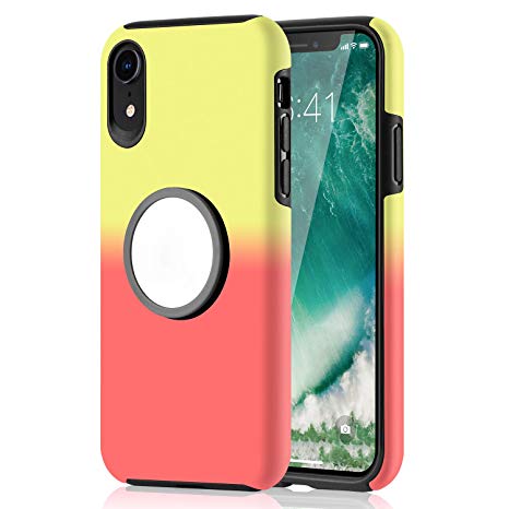 Muntinfe iPhone XR Case, iPhone XR Case with Kickstand, Cute Gradient Anti-Scratch Dual Layer Hybrid Shockproof Protective Case with Iron Mirror [Fit Magnetic Mount] for iPhone XR 6.1" (Yellow Pink)