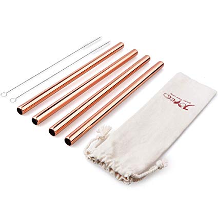 JOYECO 4 Pcs Stainless Steel Boba Straws, FDA Approved Big Straws Smoothies Reusable, Wide Straw 9.5" x 0.5" for Bubble Tea, Juice, Thick Milkshakes, Rose Gold