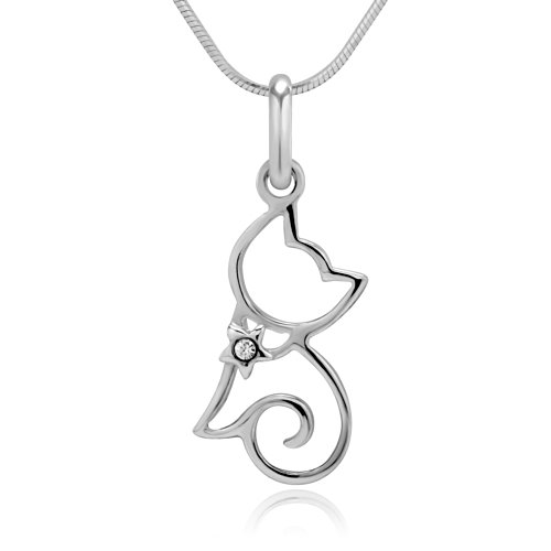 Chuvora 925 Sterling Silver Cubic Zirconia CZ Cat Kitty Kitten Pet Lover Pendant Necklace, 18 inches