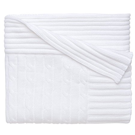 Elegant Baby 100% Cotton, Wide Cable Knit Blanket with Wide Ribbed Border 36 x 45 Inch in White