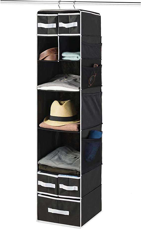 Hanging Closet Organizer with 5 Drawer Organizers, Baby Nursery Closet, Diaper Caddy Organizer, Slotted Storage Baskets, Hanging Drawers, Dorm Room Closet with Foldable Cube Storage Bins (Black)