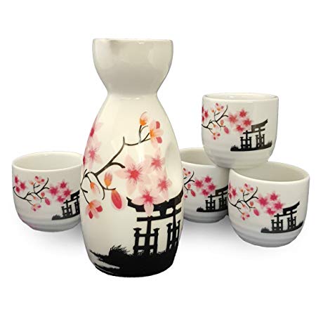 Happy Sales HSSS-CBWP31 Japanese Sake Set White Blossom, Pink