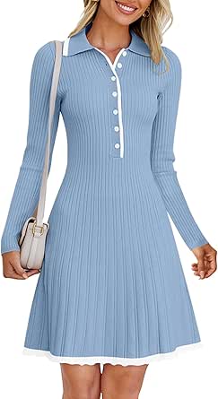 MEROKEETY Women's Long Sleeve V Neck Sweater Dress 2024 Fall Button Ribbed Knit Pleated Mini Dresses