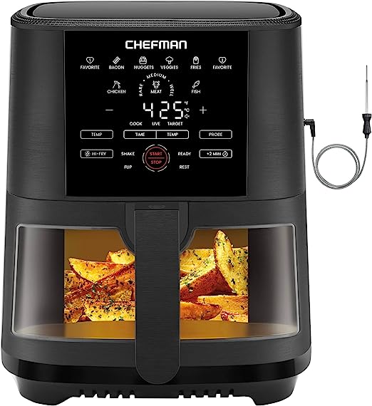 Chefman Air Fryer 5 Qt with Probe Thermometer, 8 Preset Functions, 1-Touch Digital Display Compact Cooker, Extra Large Nonstick Square Air Fryer Basket with Window, Dishwasher-Safe Parts, Black