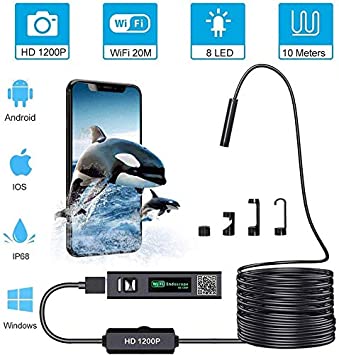 MingBin Wireless Inspection Camera, 10M WiFi Endoscope 2.0 Megapixel 1200P HD Borescope Camera,Waterproof Tube Snake Camera with 8 LED Lights for IOS Android Smartphone,Tablet