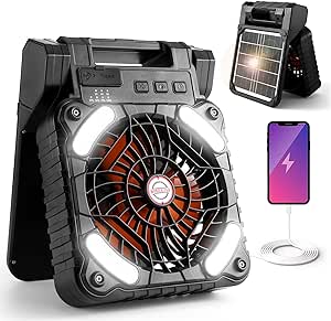 Odoland Protable Solar Camping Fan, 10400mAh Rechargeable Battery Operated Folding Fan with LED Light, 4 Speeds Powerful Wind, 3 Timer for Picnic Tent Fishing Beach Car Home Power Outage