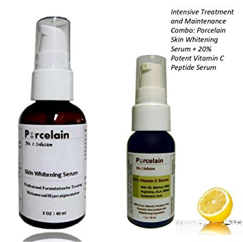 Intensive Treatment and Maintenance Combo: Porcelain Skin Whitening Serum + 20% Potent Vitamin C Peptide Serum for Brightens Dark Spots, Hyperpigmentation & Discoloration, Fade Age Spots, Neutralizing Free Radicals, while Stimulates Collagen, Repairs Wrinkles *100% Satisfaction GUARANTEED*