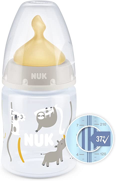 NUK First Choice  Baby Bottle| 0-6 Months | Temperature Control | Anti Colic Vent | 150 ml | BPA-Free | Latex Teat | Safari (Beige)