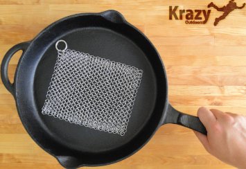 Krazy Outdoors Stainless Steel Chainmail Scrubber For Cast Iron Pans & Cookware - XL 203 x 152 MM - 316 Highest Grade Stainless - Safe And Easy Cast Iron Cleaner