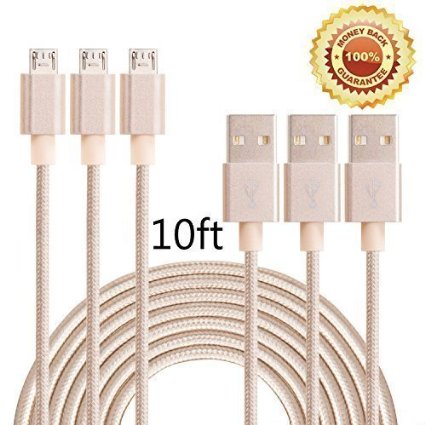 Bestfy 10 Feet Extra Long Tangle-Free Nylon Braided Micro USB 20 Power Cable Cord With Aluminum Heads for Smartphones Tablets MP3 Players - Golden