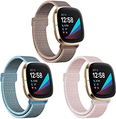 HAPAW Nylon Bands Compatible with Fitbit Sense/Versa 3, 3-Pack Soft Adjustable Breathable Sport Replacement Strap Women Man Wristband Accessories for Sense Advanced Smartwatch