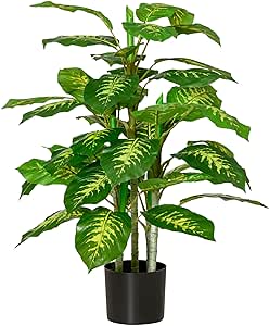 HOMCOM Plante Artificielle calathea Hauteur 95 cm Pot Ciment 42 Feuilles - intérieur ou extérieur