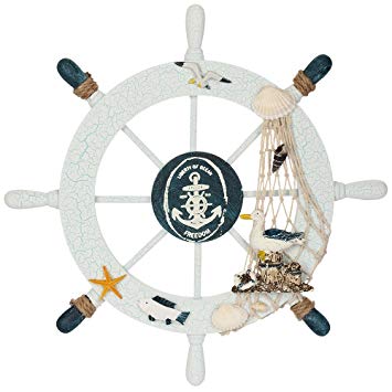 Rienar Nautical Beach Wooden Boat Ship Steering Wheel Fishing Net Shell Home Wall Decor(Sea Bird)